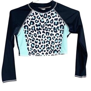 Circo Girl’s Cheetah Print Rash Guard Swimsuit Top Sky Blue Black White
